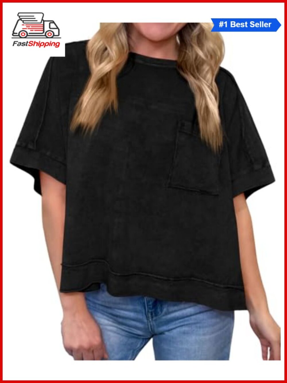 Womens Cropped T Shirt 100% Cotton Acid Wash Boxy Loose Fit Tee with Pockets